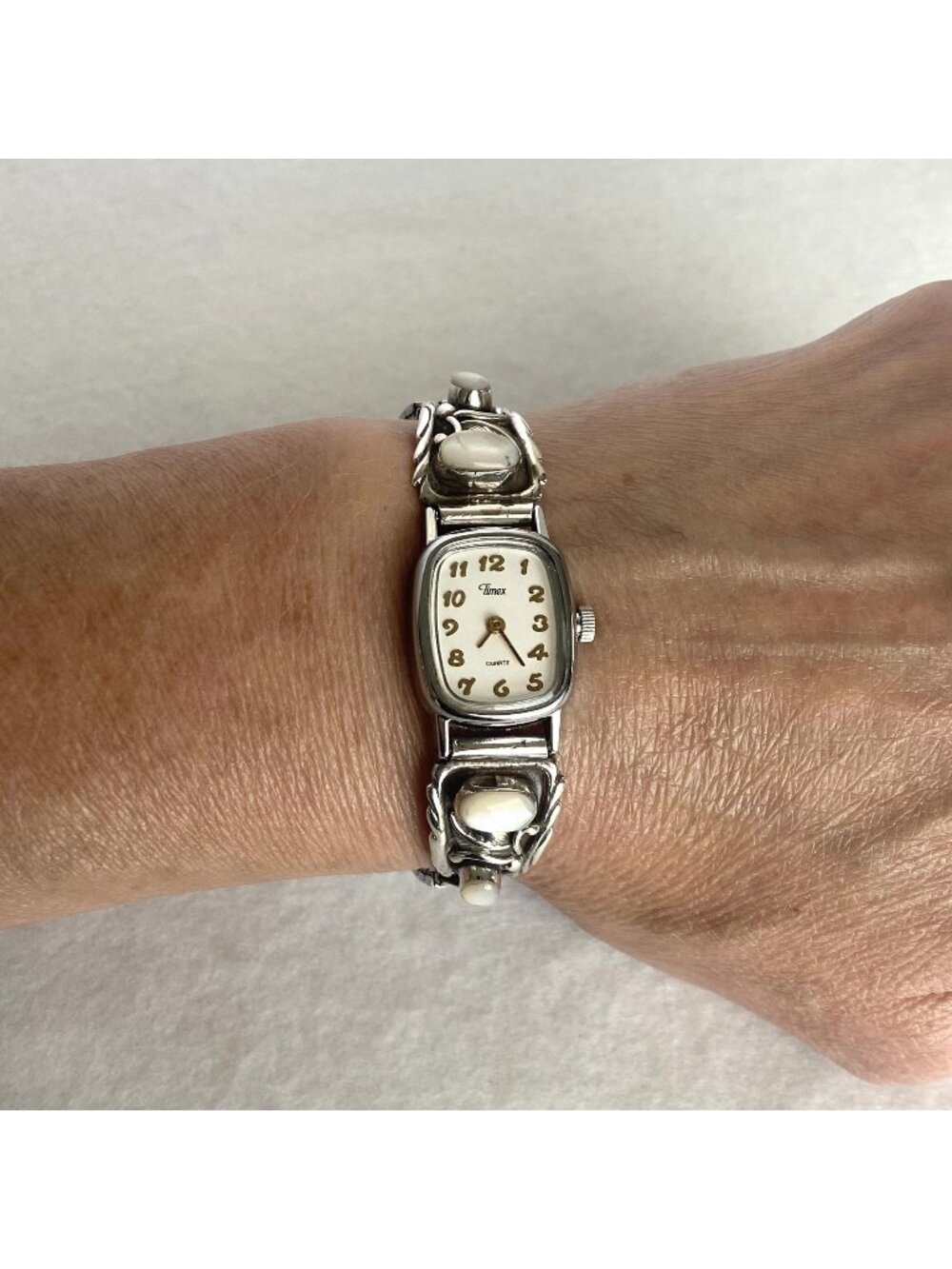 VTG Sterling Silver 925 Southwest Navajo Mother Of Pearl Tip Timex Watch 6"-6.5"
